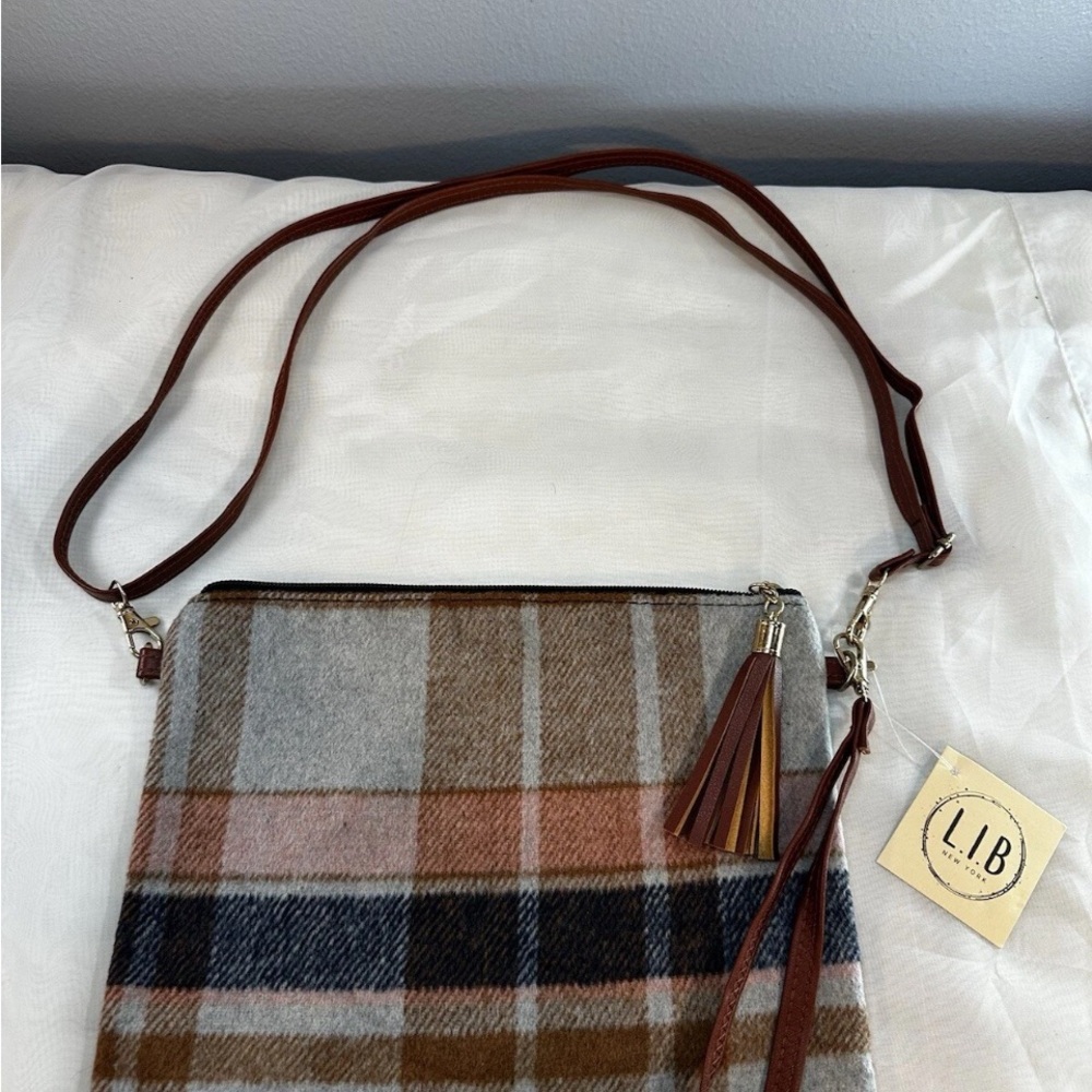 - Brown and Gray Plaid purse  LIB  New York Soft  flannel clutch wristlet NWT